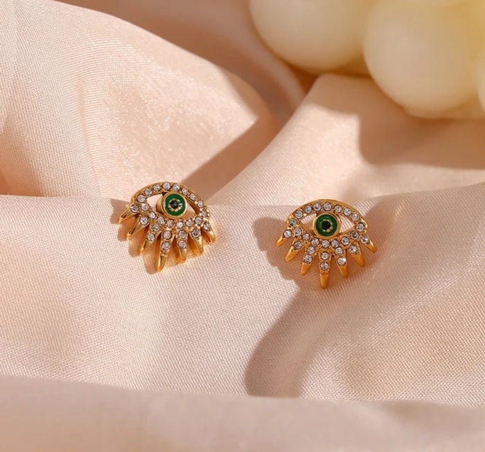 evil eye earrings with green enamel 18k gold plated