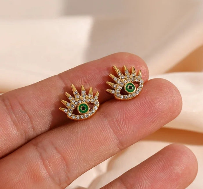 evil eye earrings with green enamel 18k gold plated