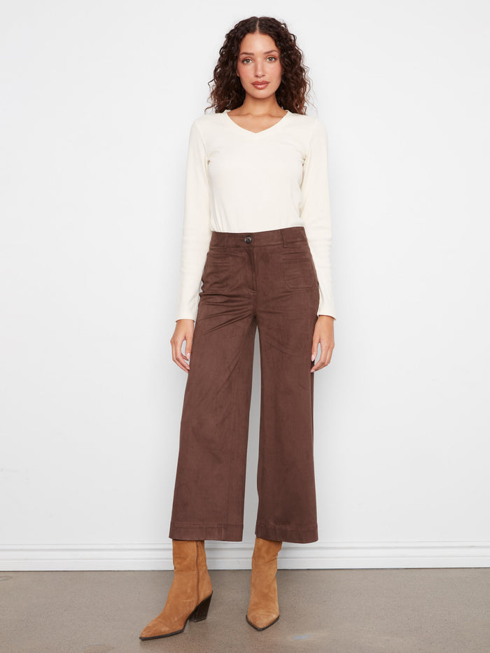 Coffee-colored faux suede pants with a cropped length and regular rise, offering a chic look by Charlie B.