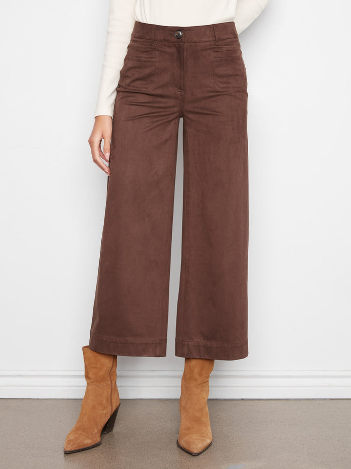 Stylish wide-leg pants in coffee faux suede, featuring stretch fabric for comfort by Charlie B.