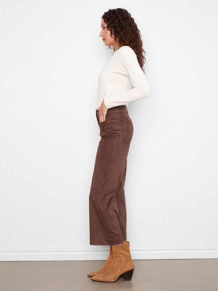 Cropped coffee faux suede pants with patch pockets, designed for versatile styling by Charlie B.