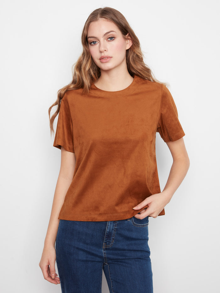 Short sleeve faux suede top in toffee, showcasing elegant back zipper detail by Charlie B.