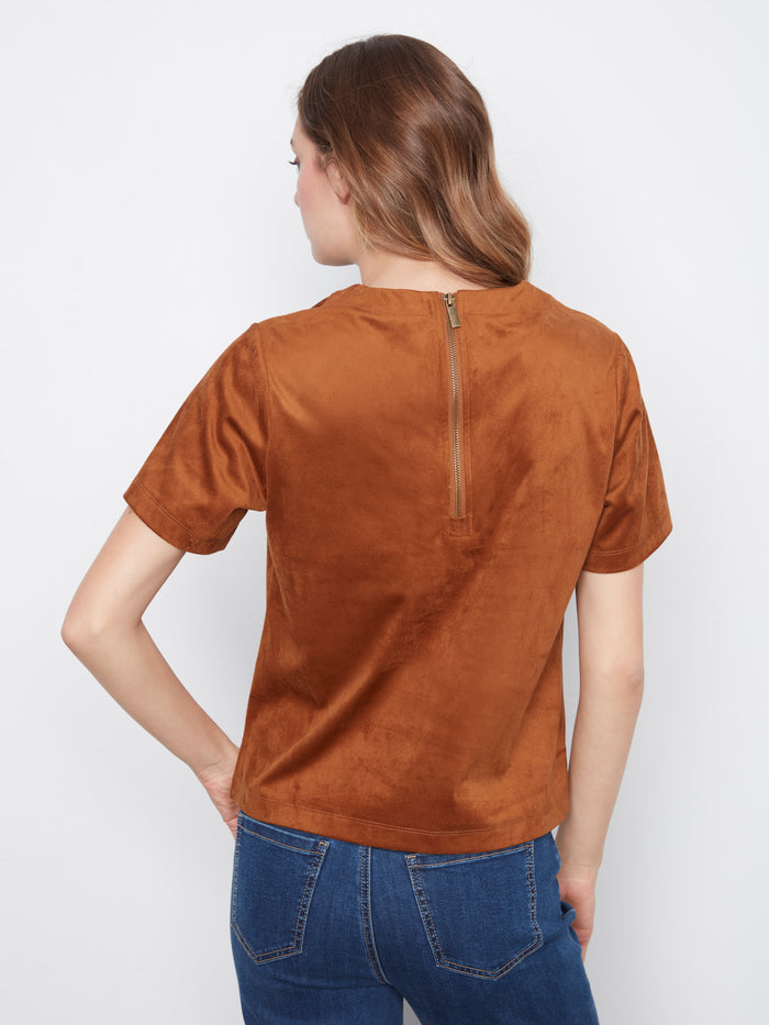 This toffee-colored faux suede top offers a timeless crew neckline design by Charlie B.