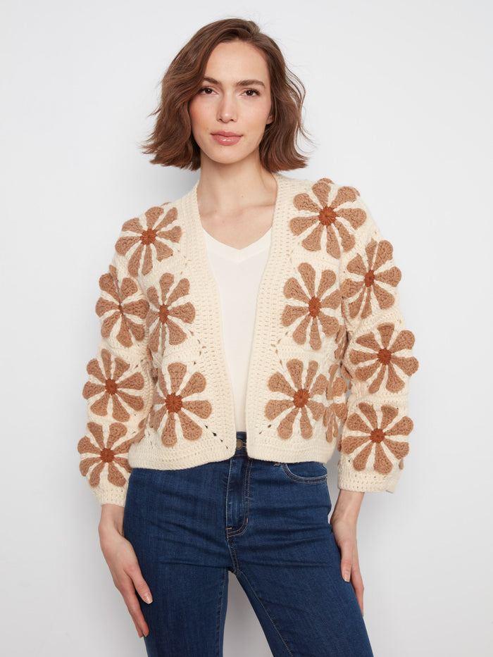 Ecru crochet cardigan with handcrafted floral motifs, featuring a relaxed fit and long sleeves by Charlie B.