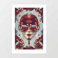 Floral Decadence Venetian mask art print — ornate white porcelain Bauta mask on gold staff surrounded by baroque scrollwork and red roses revealing a secret crimson interior with chandelier and two masked lovers in 18th century carnival costume, baroque dark romantic wall art for opulent maximalist interiorS