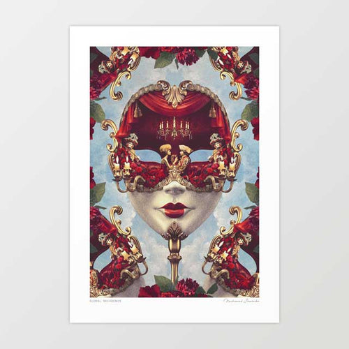 Floral Decadence Venetian mask art print — ornate white porcelain Bauta mask on gold staff surrounded by baroque scrollwork and red roses revealing a secret crimson interior with chandelier and two masked lovers in 18th century carnival costume, baroque dark romantic wall art for opulent maximalist interiorS