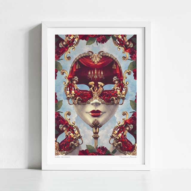 Floral Decadence Venetian mask art print framed view — intricate baroque gold framed Venetian mask with secret candlelit interior containing masked Venetian figures and deep red roses against a celestial blue sky, dark romantic masquerade wall art for boutique hotel and gallery wall interiors