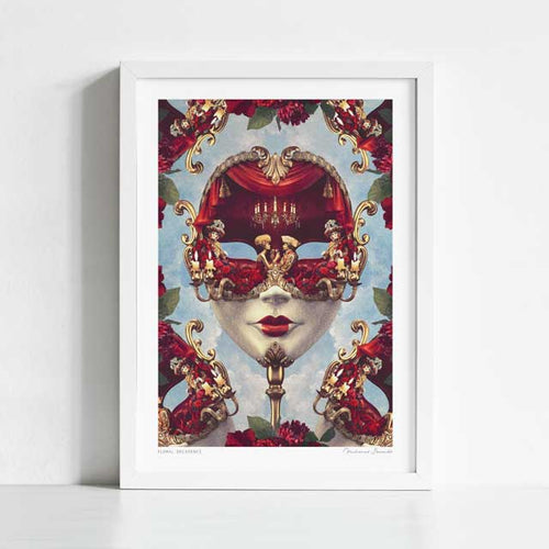 Floral Decadence Venetian mask art print framed view — intricate baroque gold framed Venetian mask with secret candlelit interior containing masked Venetian figures and deep red roses against a celestial blue sky, dark romantic masquerade wall art for boutique hotel and gallery wall interiors