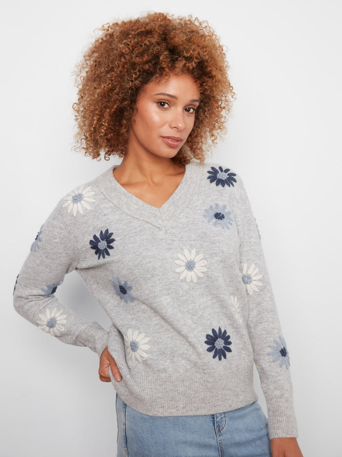 Long-sleeved heather-grey sweater, adorned with delicate floral designs, by Charlie B.