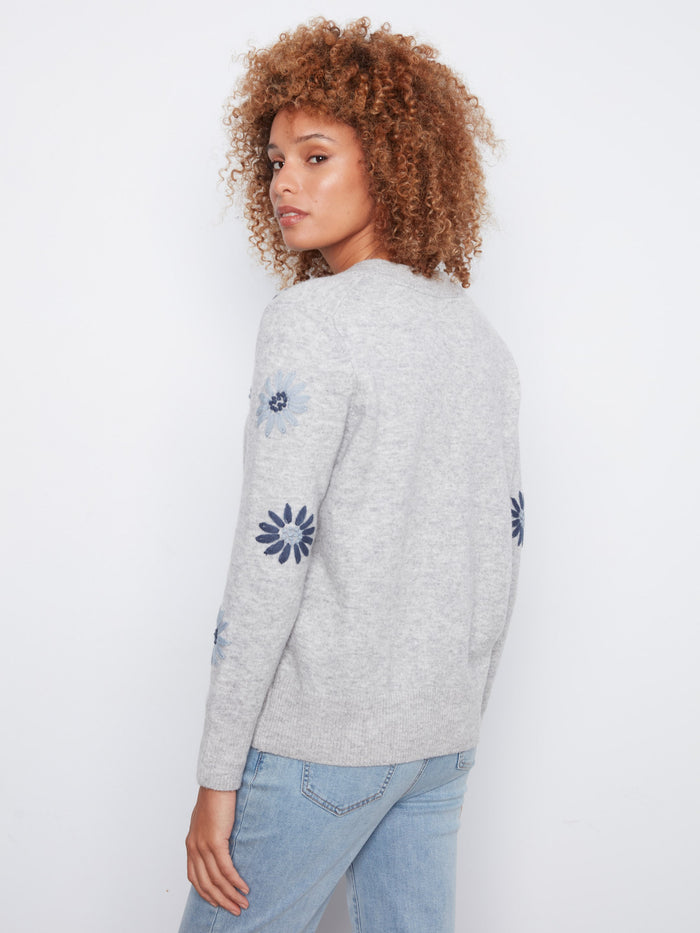 Charming heather-grey pullover with exquisite embroidered flowers, perfect for any occasion by Charlie B.