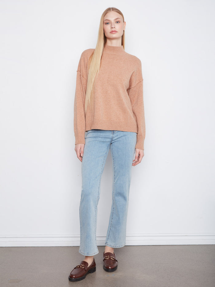 Fringe Detail Mock Neck Sweater - Heather Truffle