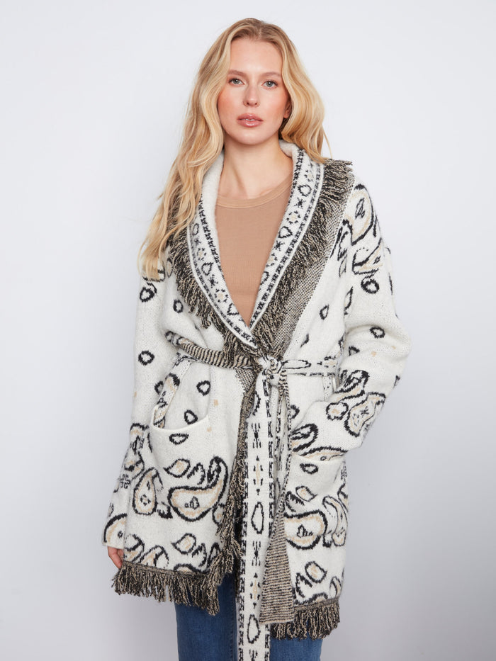 The self-tie belt on this cardigan allows for a customizable fit, enhancing comfort and style effortlessly. By Charlie B.