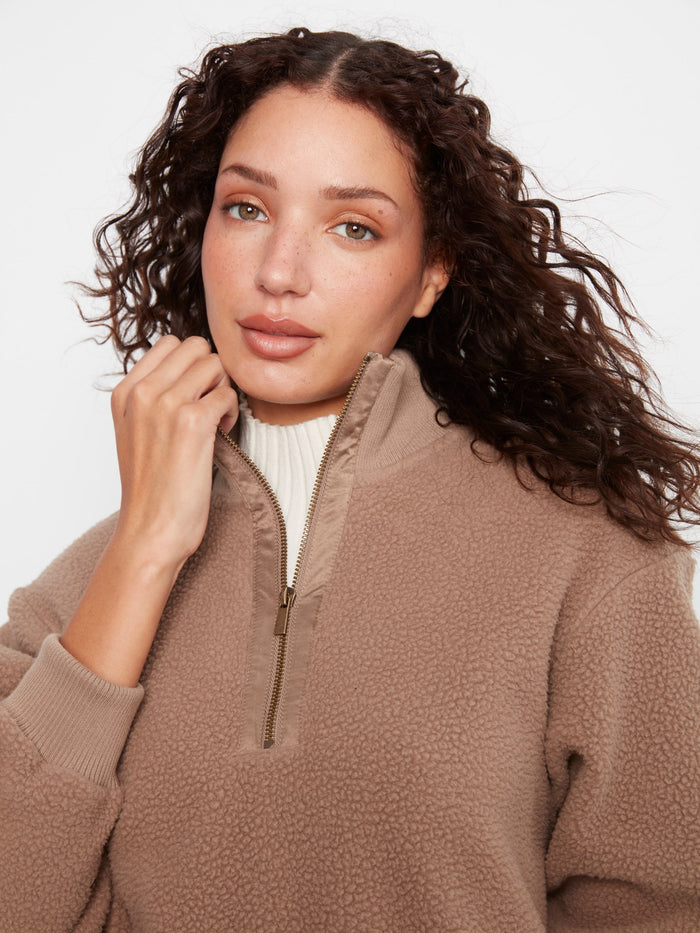 Comfortable fleece in taupe with stand collar and relaxed design for casual elegance by Charlie B.