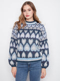 Navy sweater featuring a mock neck and charming heart jacquard design, perfect for cozy days by Charlie B.