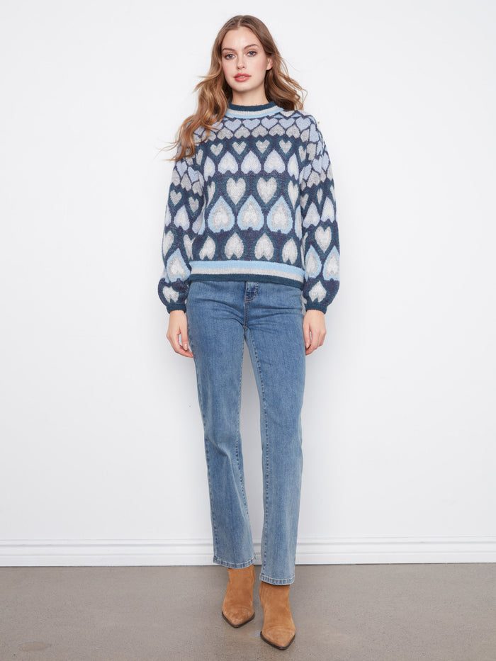 Heart Jacquard Mock Neck Sweater - Navy