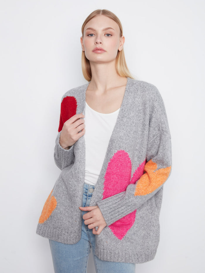 Chic heather-grey cardigan with bold heart patterns, offering a comfortable fit and drop shoulders for effortless style by Charlie B.