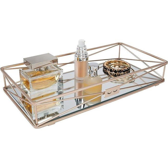 Home Details Gorgeous Mirrored, Perfect for Jewelry, Toiletries, Bathroom Organization, Perfume, Makeup, Décor, in Rose Gold Vanity Tray, 14"x 7"x 2"