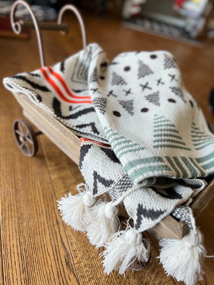 New Sage, Terra Cotta and Cream Aztec Boho Throw with Tassels