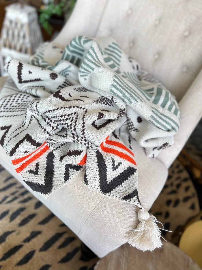 New Sage, Terra Cotta and Cream Aztec Boho Throw with Tassels