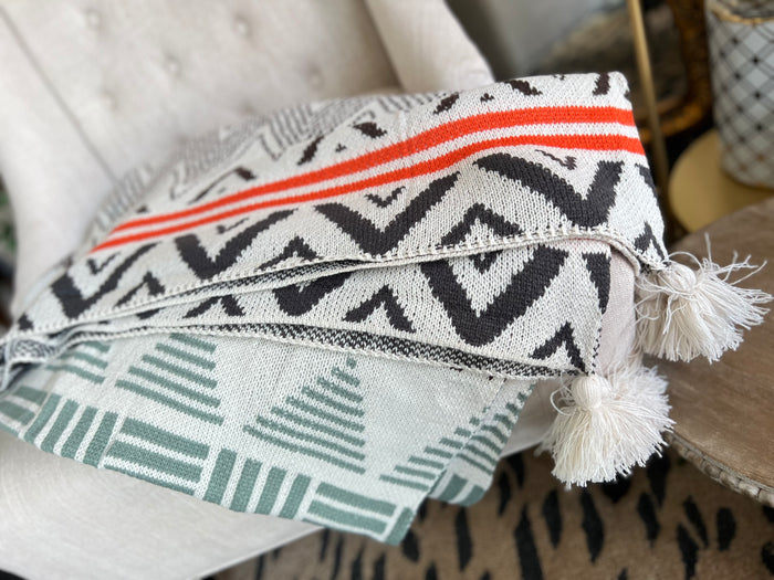 New Sage, Terra Cotta and Cream Aztec Boho Throw with Tassels