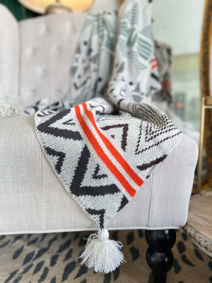 New Sage, Terra Cotta and Cream Aztec Boho Throw with Tassels