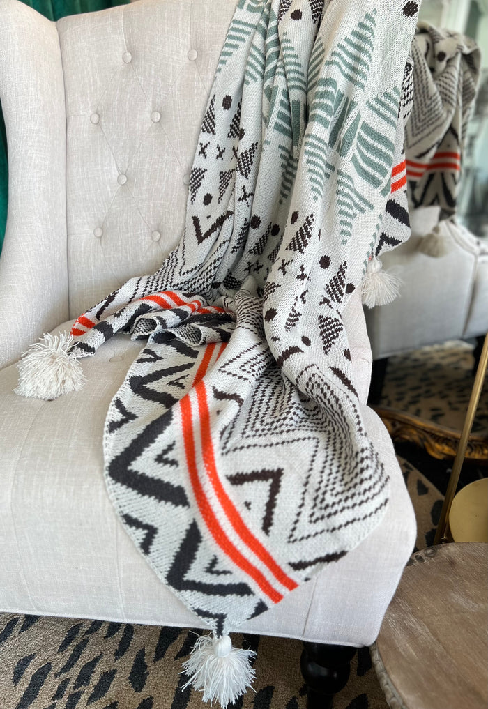 New Sage, Terra Cotta and Cream Aztec Boho Throw with Tassels