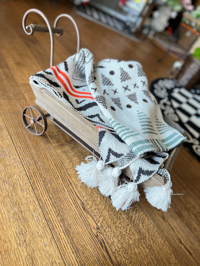 New Sage, Terra Cotta and Cream Aztec Boho Throw with Tassels