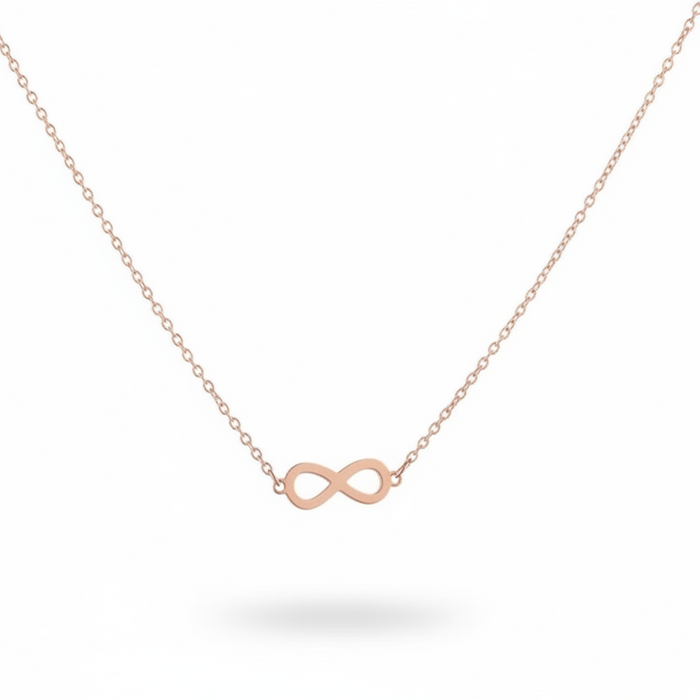 infinity necklace in gold and silver - Amna featuring a minimalist infinity symbol in rose gold.