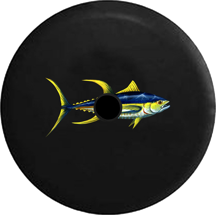 Jeep Wrangler JL Backup Camera Day Blue Yellow Fin Tuna Sport Fishing Charter Boat RV Camper Spare Tire Cover-35 inch