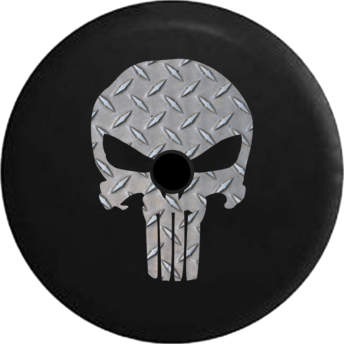 Jeep Wrangler JL Backup Camera Day Brushed Aluminum American Patriot Punisher Skull RV Camper Spare Tire Cover-35 inch