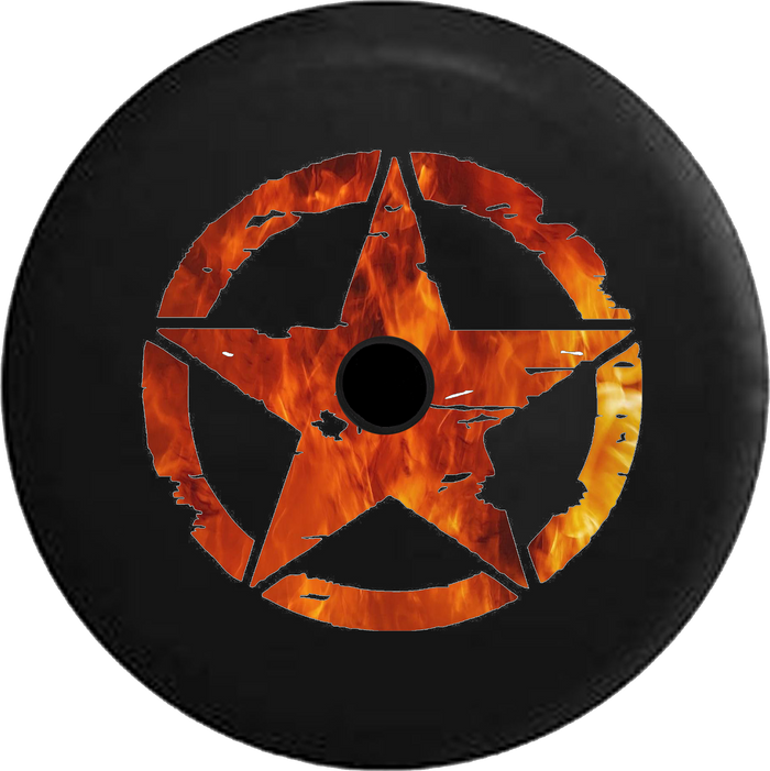 Jeep Wrangler JL Backup Camera Oscar Mike Military Jeep Star Orange Red Flames RV Camper Spare Tire Cover-BLACK- - TireCoverPro