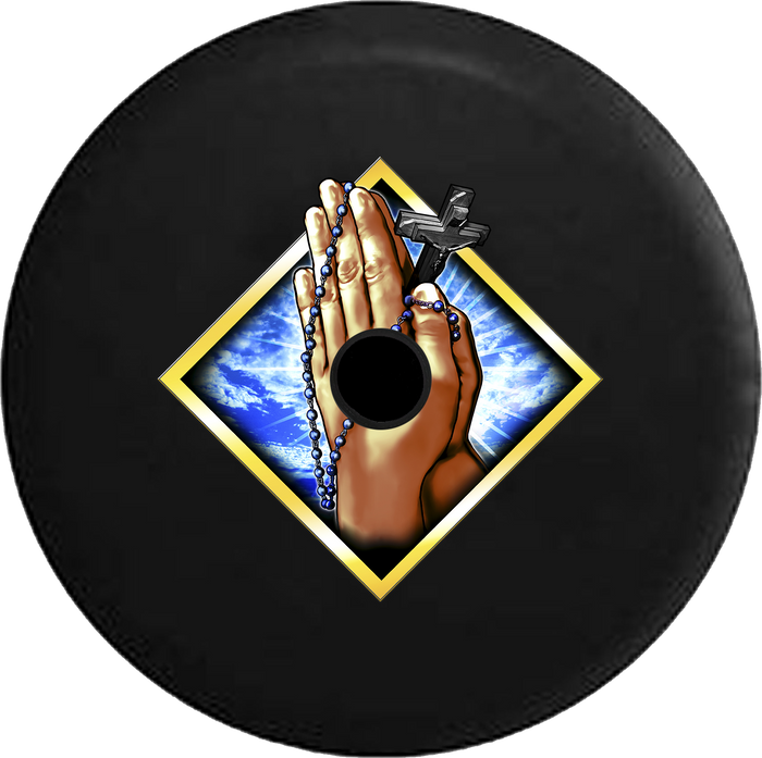 Jeep Wrangler JL Backup Camera Day Praying Hands Holding Rosary Beads and Cross Jesus Christ RV Camper Spare Tire Cover-35 inch