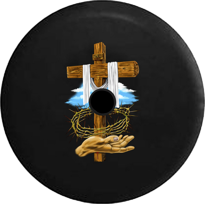 Jeep Wrangler JL Backup Camera Day Wooden Cross Crown of Thorns Jesus God Blessed Life RV Camper Spare Tire Cover-35 inch