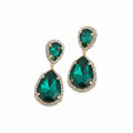 Jena double teardrop halo drop earrings in gold emerald by Zoha Los Angeles