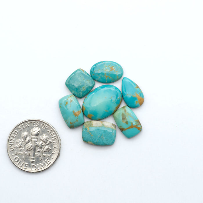 Kings Manassa Turquoise cabochons, polished green-blue gemstones with natural matrix on a white background with a US dime for scale