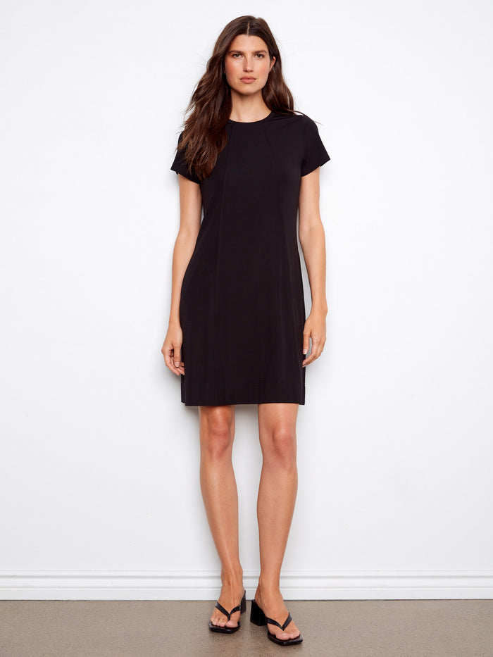 Elegant black dress with a flattering crew neckline and short sleeves, perfect for any occasion by Charlie B.