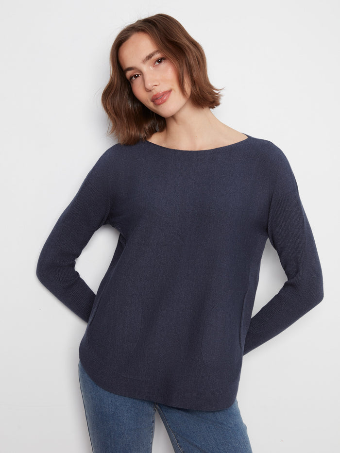 Heather moss knit sweater featuring a stylish boat neck and convenient front pockets by Charlie B.