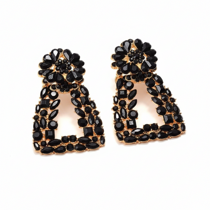 Laila Crystal Drop Earrings – Rhinestone Trapezoid Statement Drops in black | Zoha Los Angeles