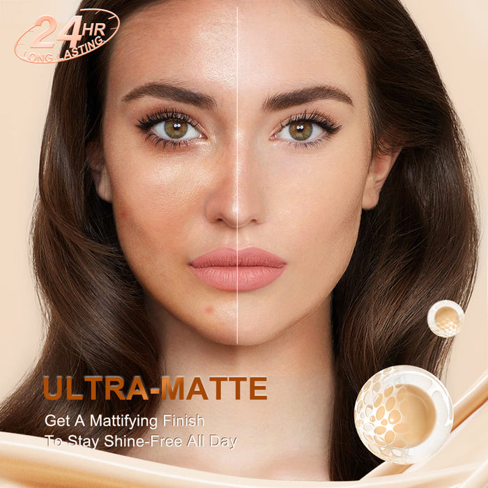 Split-face model showing the ultra-matte finish of SACE LADY waterproof foundation