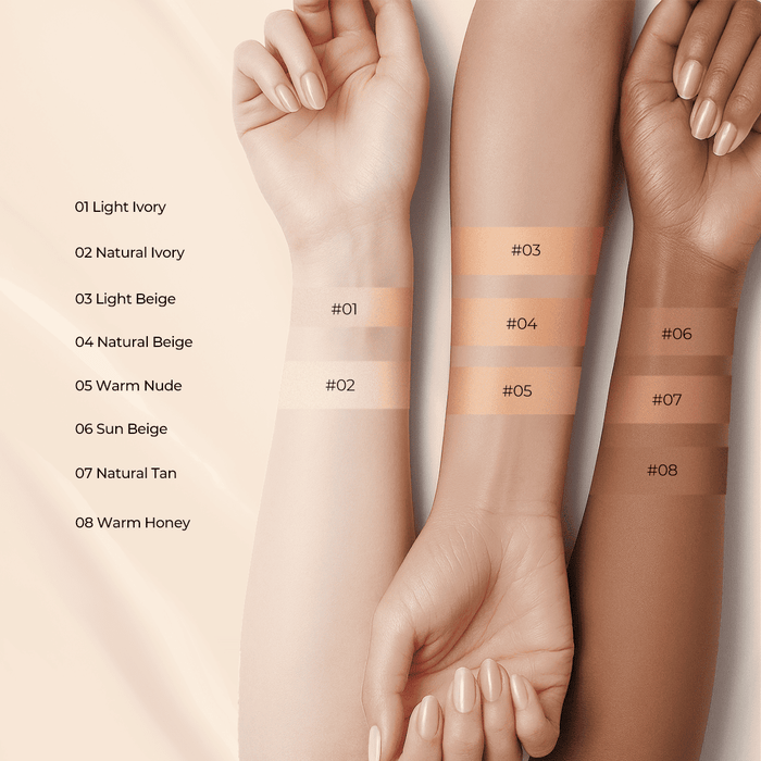 Eight SACE LADY waterproof foundation shades swatched across three skin tones