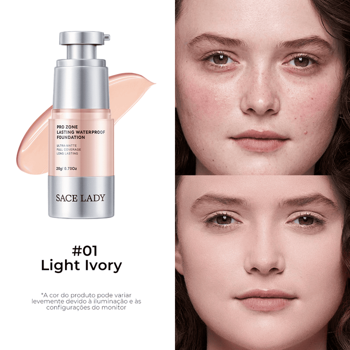 SACE LADY waterproof foundation shade 01 Light Ivory with before-and-after model