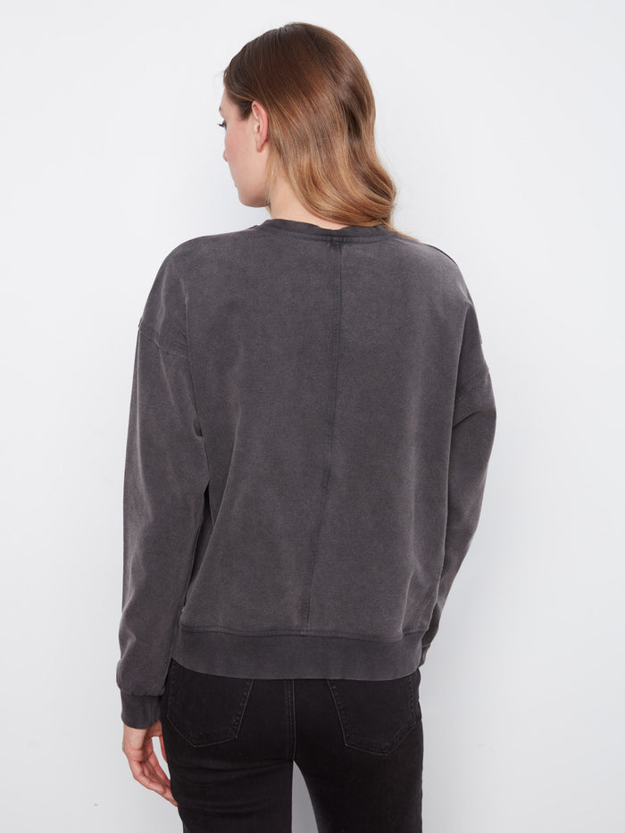Long Sleeve Top With Flower Appliqué - Charcoal