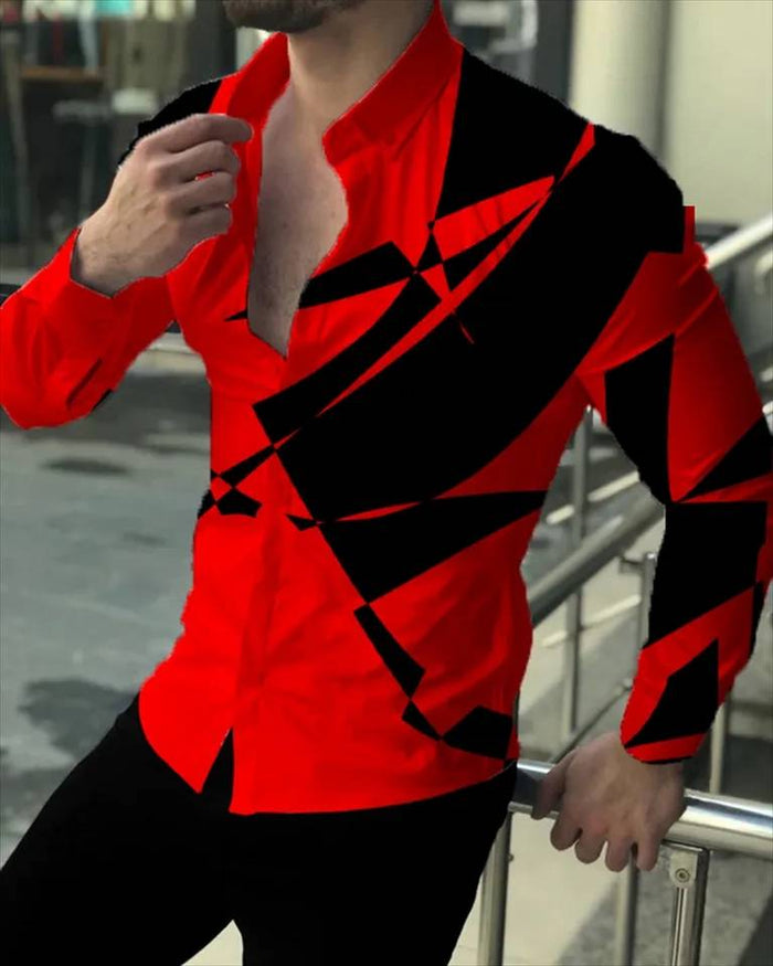 Luxury Men's Shirt Floral Pattern Lapel Long Sleeve Shirt Outdoor