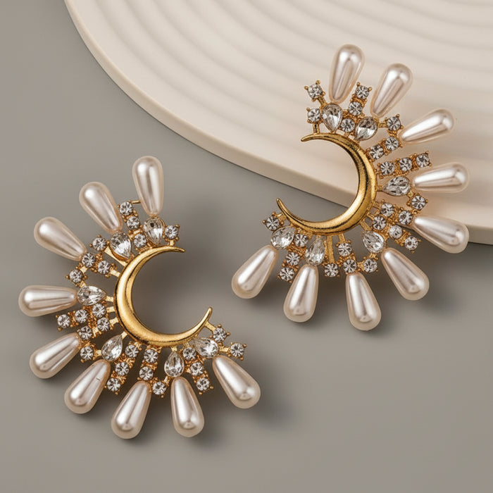 Mala Pearl Crescent Moon Earrings – Pearl Spike & CZ Hoops in Gold | Zoha Los Angeles