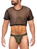 Man wearing a black fishnet crop top and green underwear on a white background