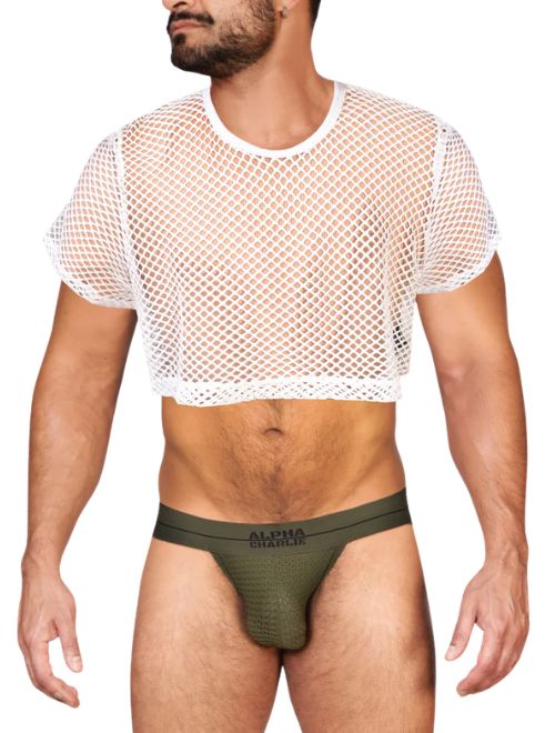 Man wearing a white mesh crop top and green underwear on a white background
