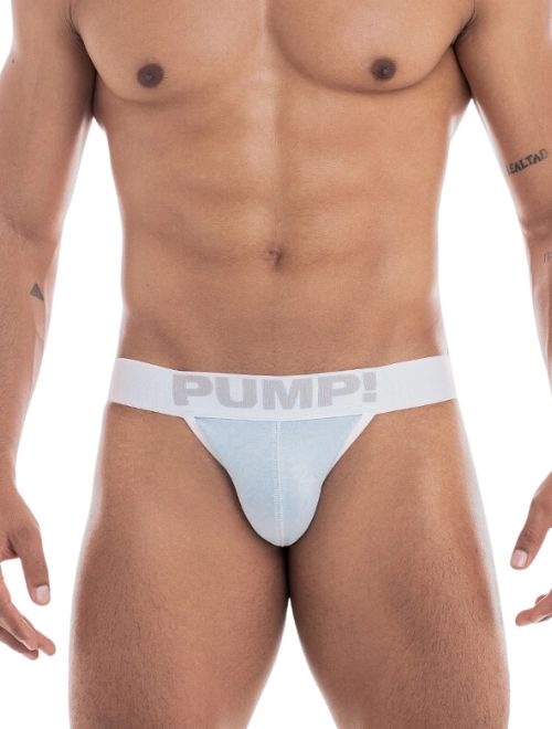 This image features the Milkshake Blueberry Jock by Pump! Underwear, modeled to showcase its fit and design. The jockstrap is crafted from a comfortable blend of 94% cotton and 6% elastane, ensuring both softness and stretch.