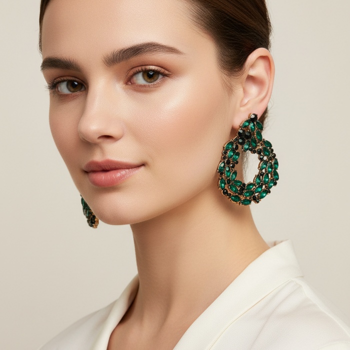 → Miya Crystal Wreath Drop Earrings in green- Zoha Los Angeles