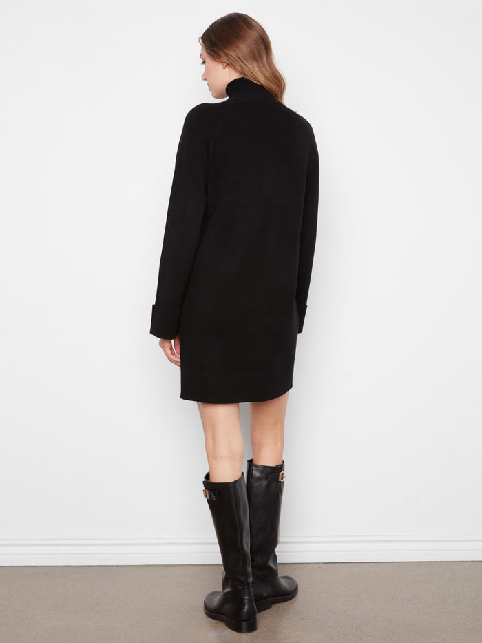 Sophisticated black dress with a flattering mini length and classic mock neck design by Charlie B.