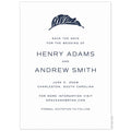 White save the date with navy modern leaf centered on the top of the page, san serif font centered under the leaf.